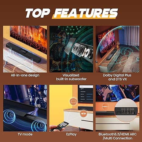 Hisense A620 2.1ch All-in-one Sound Bar with Built-in Subwoofer, 240W, DTS Virtual: X, Dolby Dightal Plus, Bluetooth 5.3, Roku TV Ready, HDMI ARC/AUX/USB, Ez Play, Black (A620, 2024 Model) - Image 2