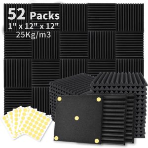 52 Pack Acoustic Foam Panels 1" x 12" x 12" Sound Proof Foam Panles Soundproofing Noise Cancelling Wedge Panels for Home Office Recoding Studio with 300PCS Double-Side Adhesive