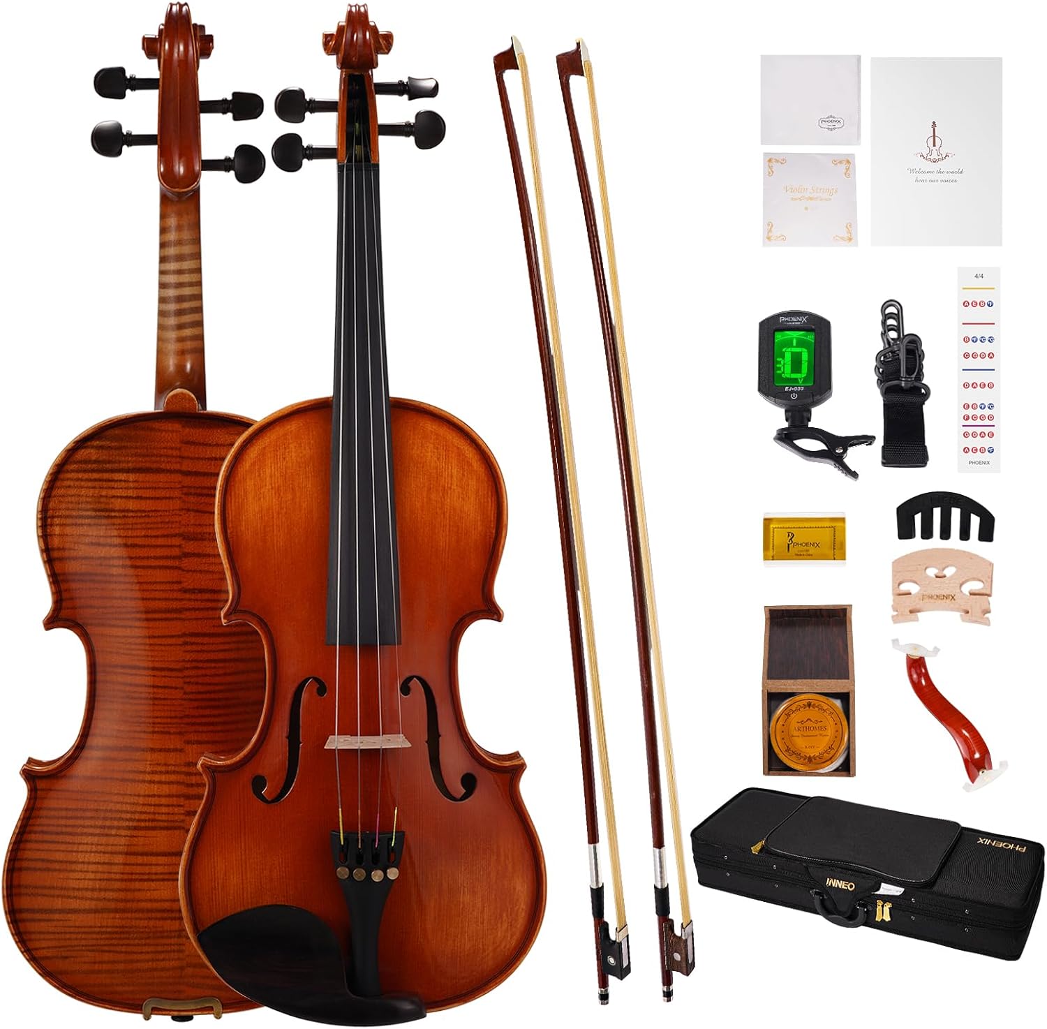 PHOENIX Violin 4/4 Full Size Set, Fiddle Solid Wood for professional Beginners Adults Kid with Ironwood Octagonal Bow & Rosewood Bow Extra strings & Bridge, 2 Rosins, Tuner, Mute, Case (Full)