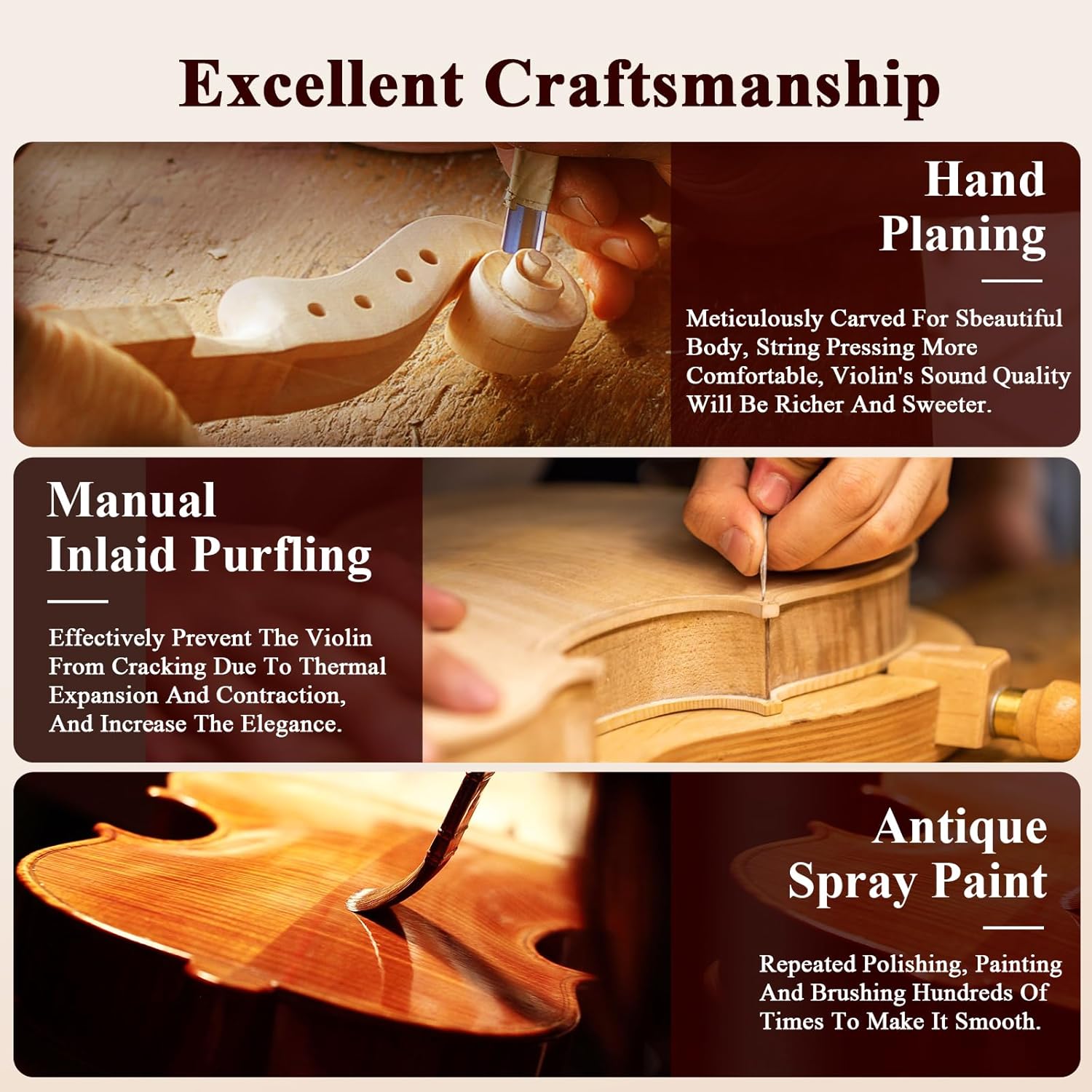 PHOENIX Violin 4/4 Full Size Set, Fiddle Solid Wood for professional Beginners Adults Kid with Ironwood Octagonal Bow & Rosewood Bow Extra strings & Bridge, 2 Rosins, Tuner, Mute, Case (Full) - Image 3