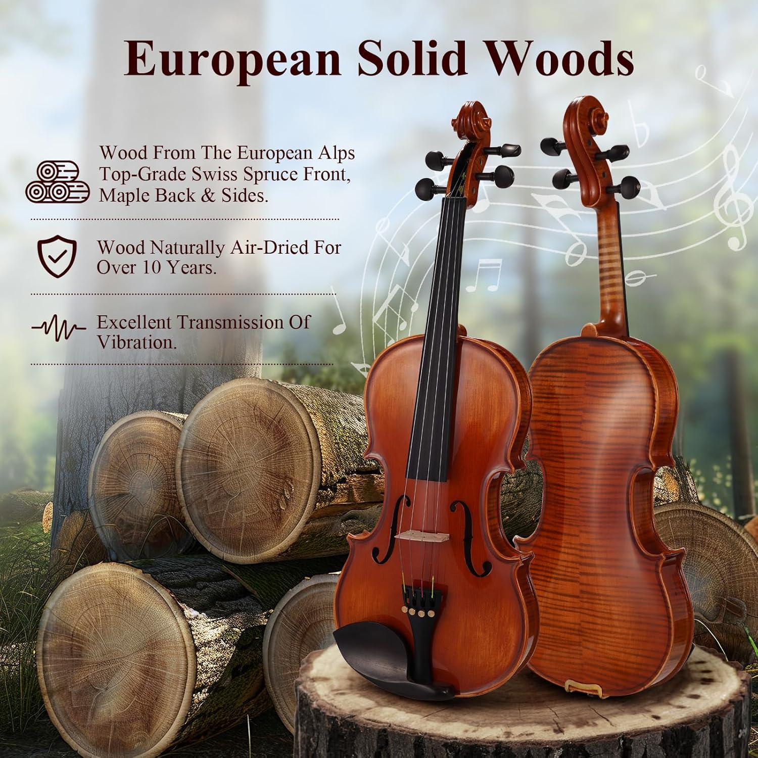 PHOENIX Violin 4/4 Full Size Set, Fiddle Solid Wood for professional Beginners Adults Kid with Ironwood Octagonal Bow & Rosewood Bow Extra strings & Bridge, 2 Rosins, Tuner, Mute, Case (Full) - Image 4