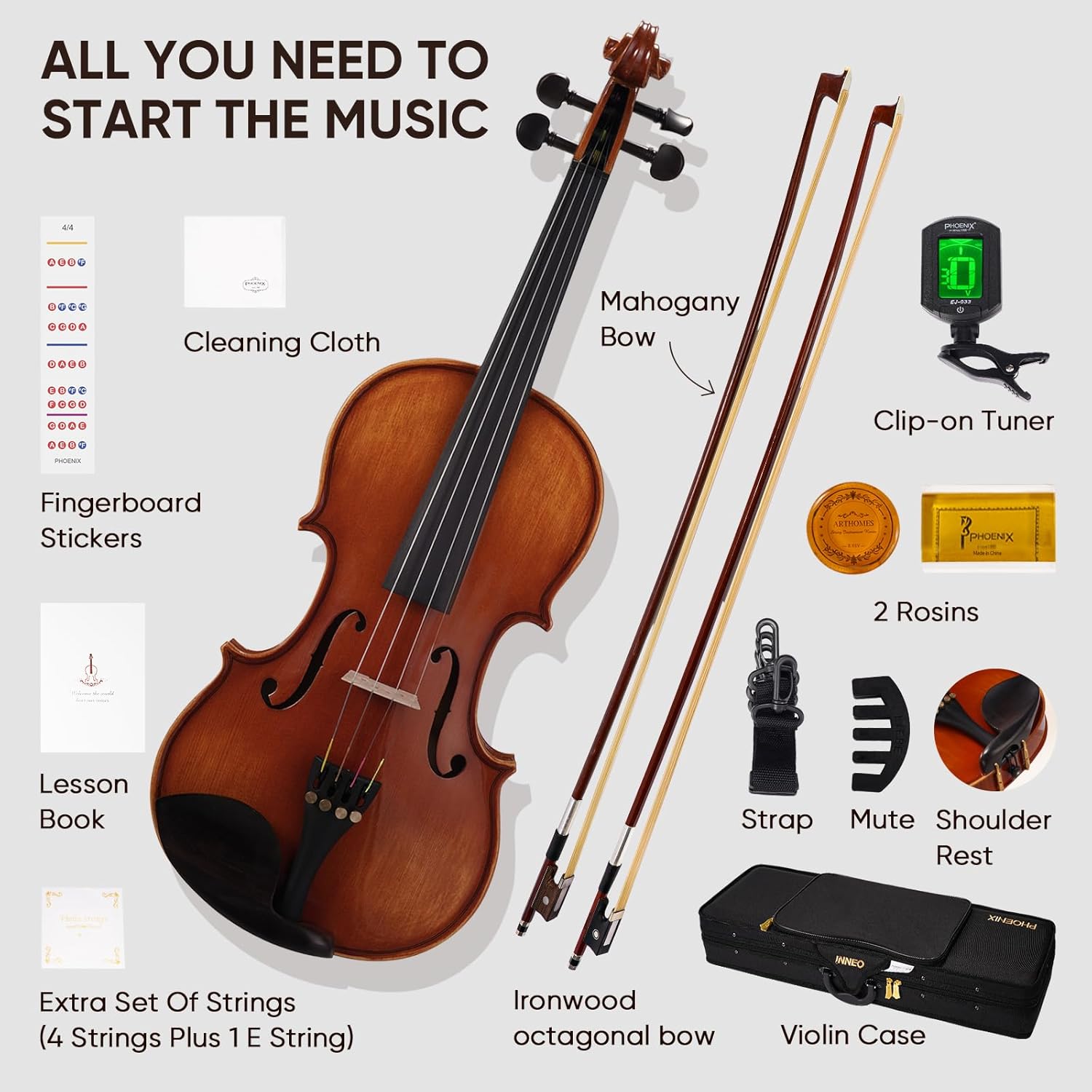 PHOENIX Violin 4/4 Full Size Set, Fiddle Solid Wood for professional Beginners Adults Kid with Ironwood Octagonal Bow & Rosewood Bow Extra strings & Bridge, 2 Rosins, Tuner, Mute, Case (Full) - Image 5