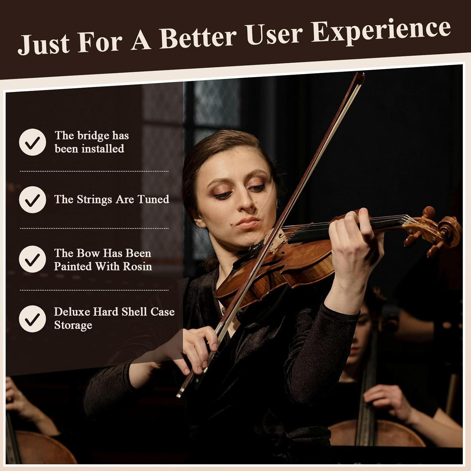 PHOENIX Violin 4/4 Full Size Set, Fiddle Solid Wood for professional Beginners Adults Kid with Ironwood Octagonal Bow & Rosewood Bow Extra strings & Bridge, 2 Rosins, Tuner, Mute, Case (Full) - Image 6