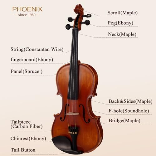 PHOENIX Violin 4/4 Full Size Set, Fiddle Solid Wood for professional Beginners Adults Kid with Ironwood Octagonal Bow & Rosewood Bow Extra strings & Bridge, 2 Rosins, Tuner, Mute, Case (Full) - Image 7